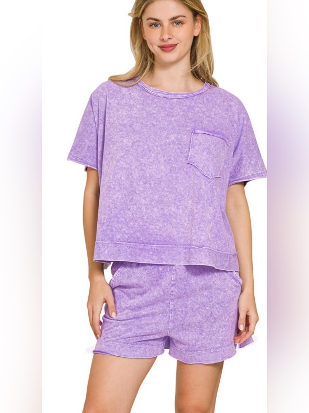 Zenana Outfitters Lavender Mineral Wash Pocket Tee Set